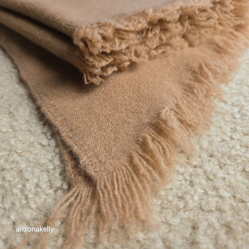 NWOT Tan Cashmere Knit Oblong Scarf with Fringe and Asymmetrical Ends - Picture 13 of 15